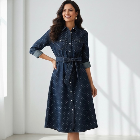 Talbots Dresses & Skirts - Talbots Denim Polka Dot Dress w/Belt Blue 6 Petite Office/Casual